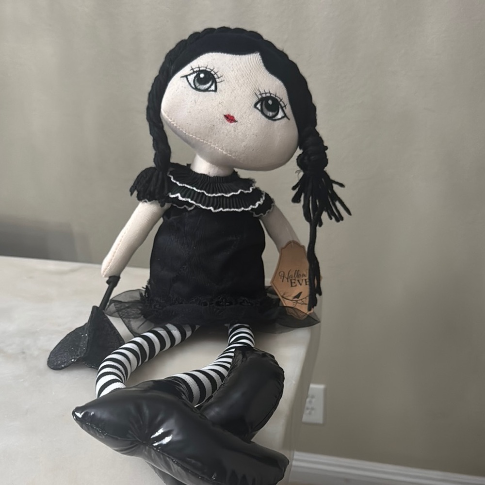 Wensday Addams look a like Black and White Doll with Striped Stocking